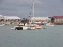Marigot Bay anchorage : The catamaran has apparently dragged, and is being aided by several dinghies. 